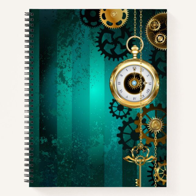 Steampunk Jewelry Watch on a Green Background Notebook (Front)