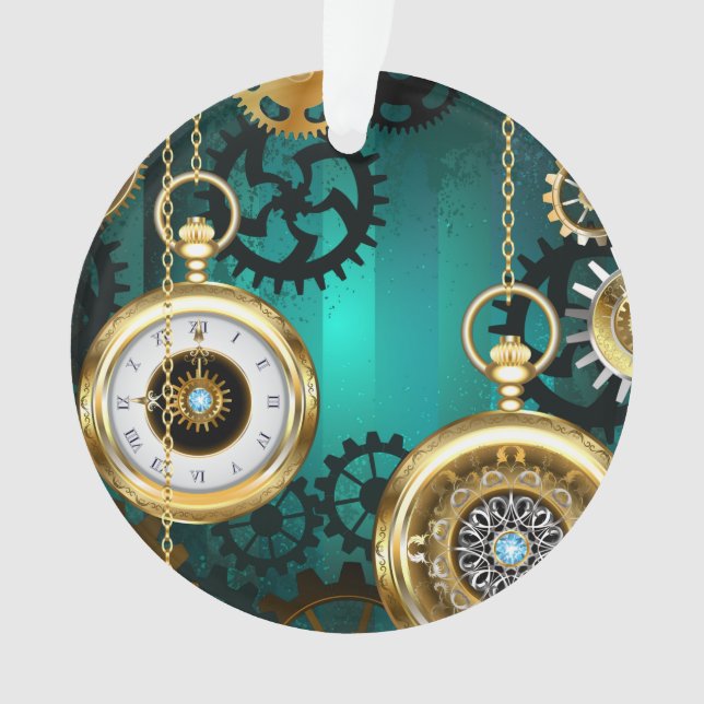Steampunk Jewelry Watch on a Green Background Ornament (Front)