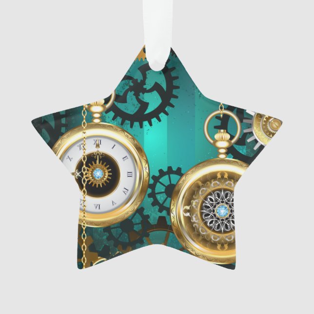 Steampunk Jewelry Watch on a Green Background Ornament (Front)