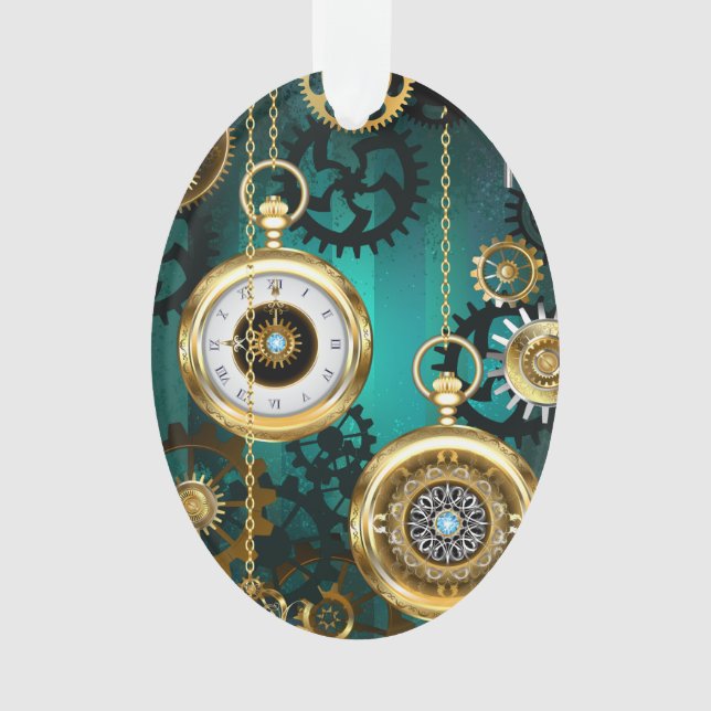 Steampunk Jewelry Watch on a Green Background Ornament (Front)