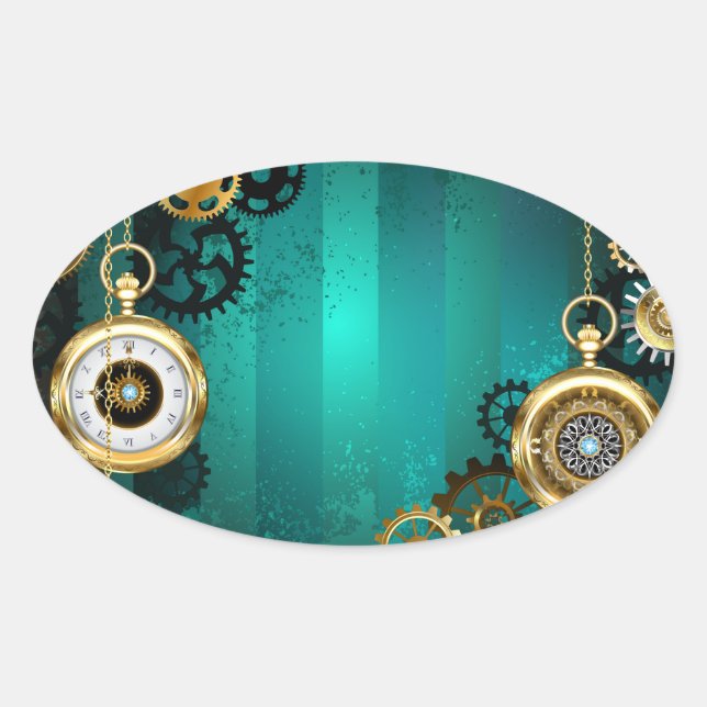 Steampunk Jewelry Watch on a Green Background Oval Sticker (Front)