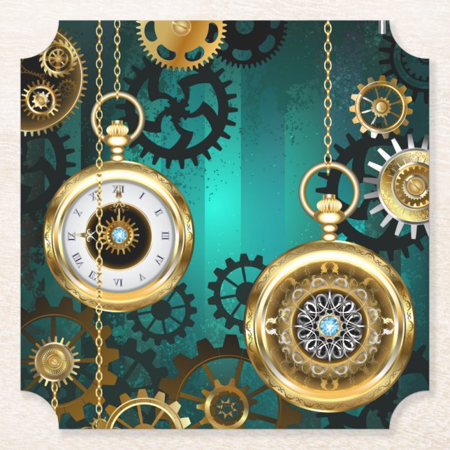 Steampunk Jewelry Watch on a Green Background Paper Coaster (Front)