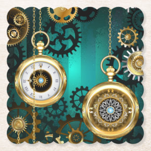 Steampunk Jewelry Watch on a Green Background Paper Coaster