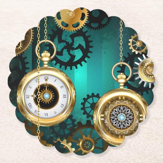 Steampunk Jewelry Watch on a Green Background Paper Coaster (Front)