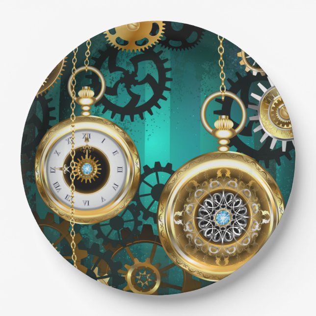 Steampunk Jewelry Watch on a Green Background Paper Plates (Front)