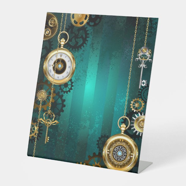 Steampunk Jewelry Watch on a Green Background Pedestal Sign (Front)