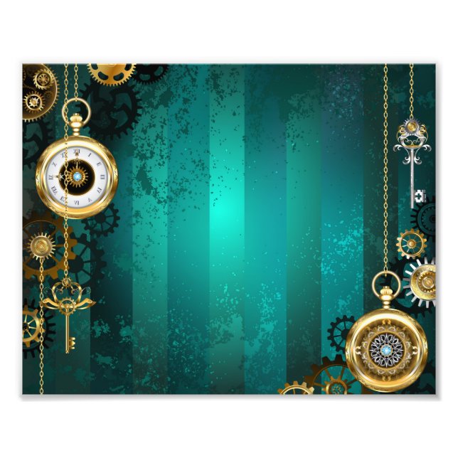 Steampunk Jewelry Watch on a Green Background Photo Print (Front)