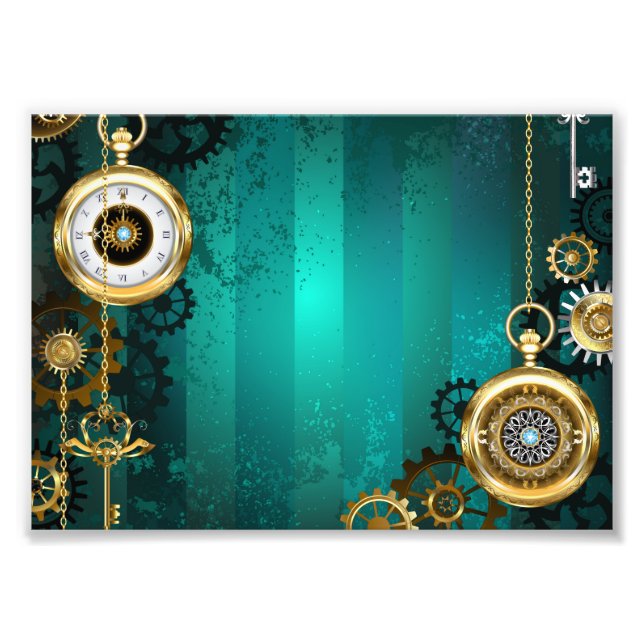 Steampunk Jewelry Watch on a Green Background Photo Print (Front)