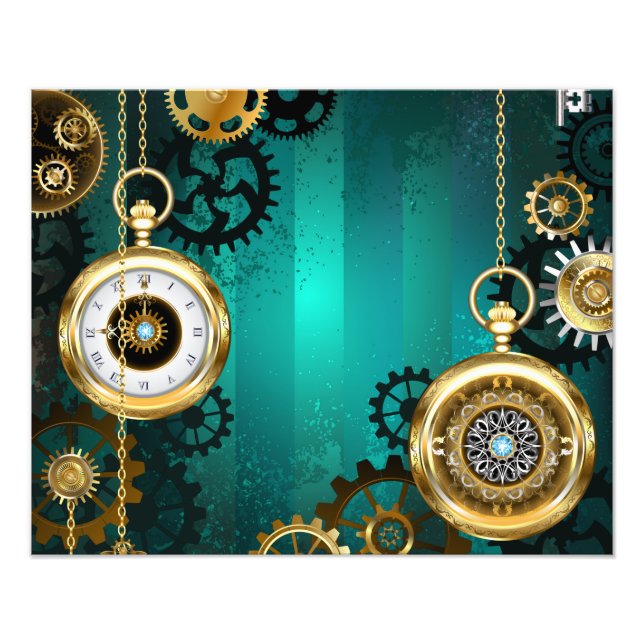 Steampunk Jewelry Watch on a Green Background Photo Print (Front)