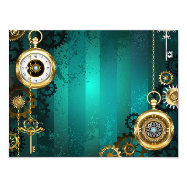 Steampunk Jewelry Watch on a Green Background Photo Print (Front)