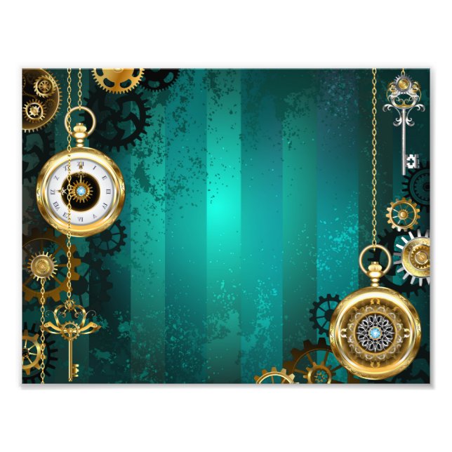 Steampunk Jewelry Watch on a Green Background Photo Print (Front)