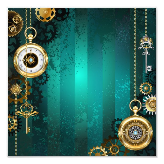 Steampunk Jewelry Watch on a Green Background Photo Print (Front)