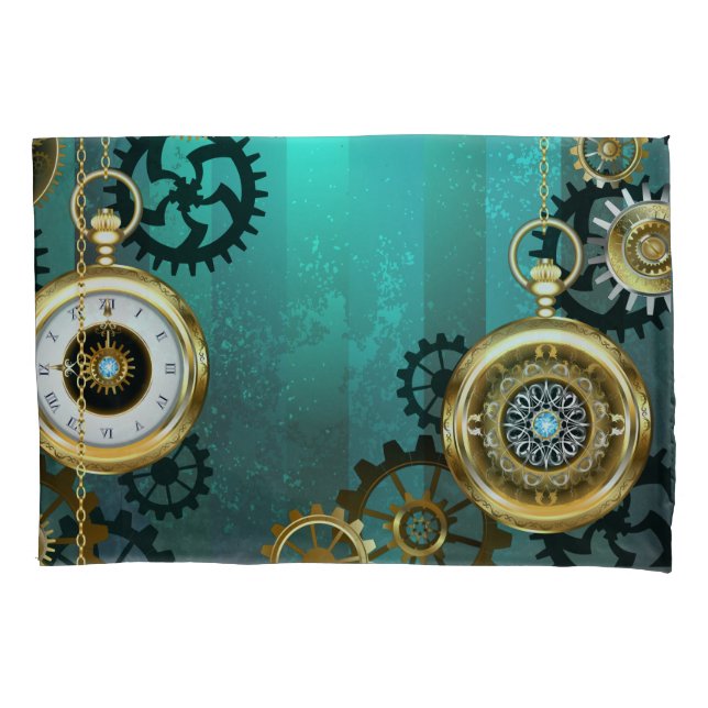 Steampunk Jewelry Watch on a Green Background Pillow Case (Front-Left)
