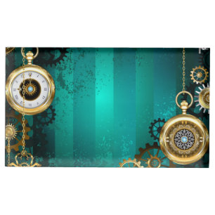 Steampunk Jewelry Watch on a Green Background Place Card Holder
