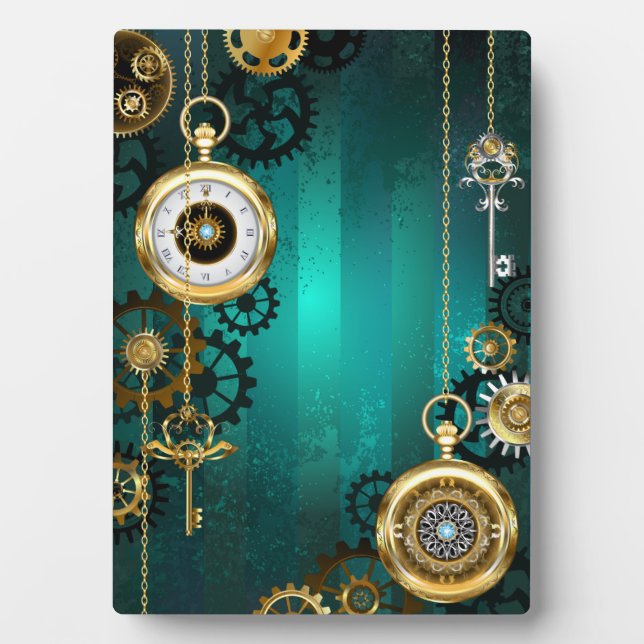 Steampunk Jewelry Watch on a Green Background Plaque (Front)