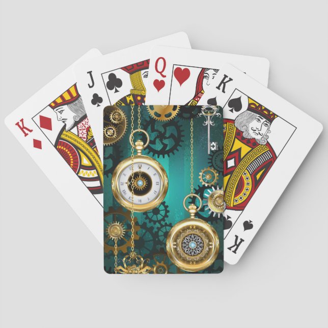 Steampunk Jewelry Watch on a Green Background Poker Cards (Back)