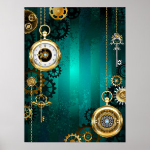 Steampunk Jewelry Watch on a Green Background Poster