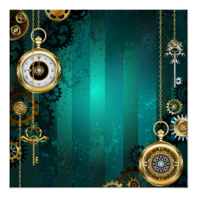 Steampunk Jewelry Watch on a Green Background Poster (Front)
