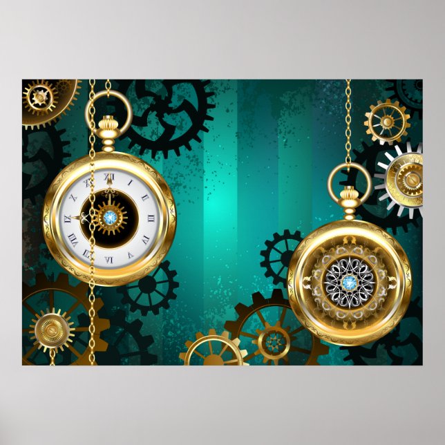 Steampunk Jewelry Watch on a Green Background Poster (Front)