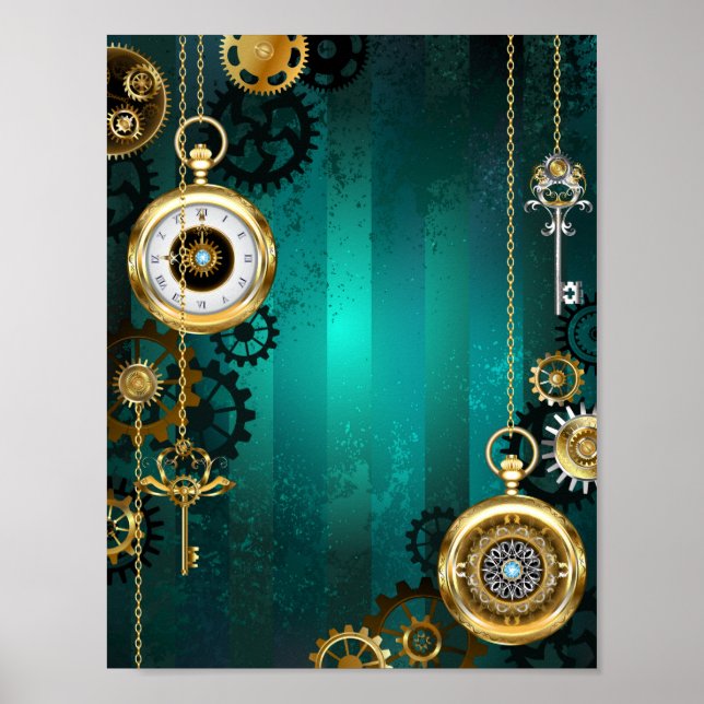 Steampunk Jewelry Watch on a Green Background Poster (Front)