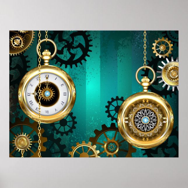 Steampunk Jewelry Watch on a Green Background Poster (Front)