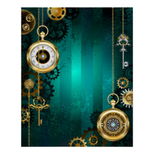 Steampunk Jewelry Watch on a Green Background Poster