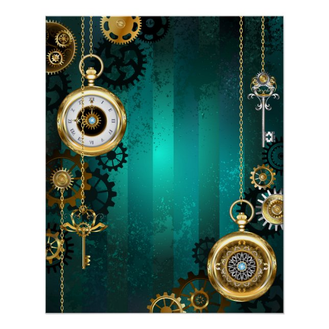 Steampunk Jewelry Watch on a Green Background Poster (Front)