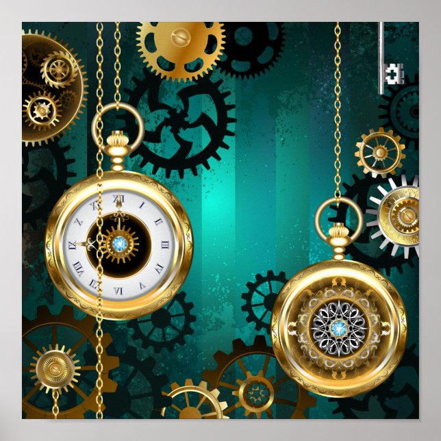 Steampunk Jewelry Watch on a Green Background Poster (Front)