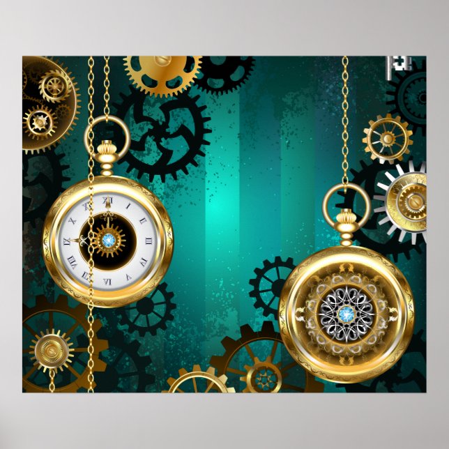Steampunk Jewelry Watch on a Green Background Poster (Front)