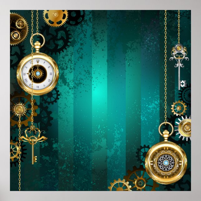 Steampunk Jewelry Watch on a Green Background Poster (Front)