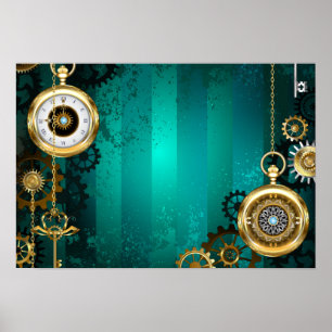 Steampunk Jewelry Watch on a Green Background Poster