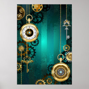 Steampunk Jewelry Watch on a Green Background Poster