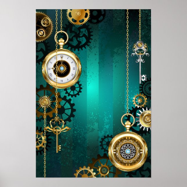 Steampunk Jewelry Watch on a Green Background Poster (Front)