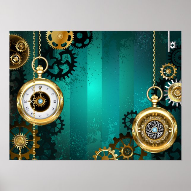 Steampunk Jewelry Watch on a Green Background Poster (Front)