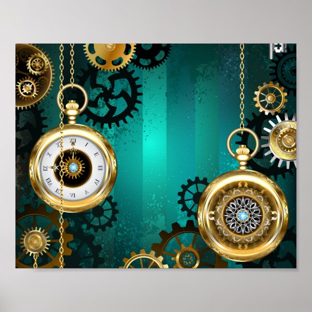 Steampunk Jewelry Watch on a Green Background Poster (Front)