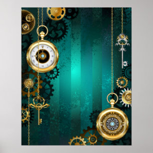Steampunk Jewelry Watch on a Green Background Poster