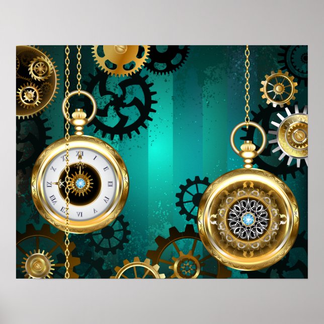 Steampunk Jewelry Watch on a Green Background Poster (Front)