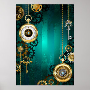 Steampunk Jewelry Watch on a Green Background Poster