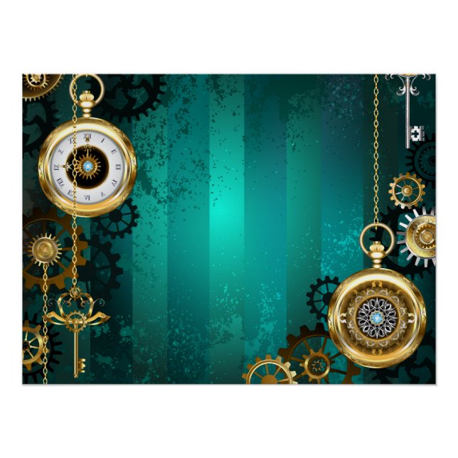 Steampunk Jewelry Watch on a Green Background Poster (Front)