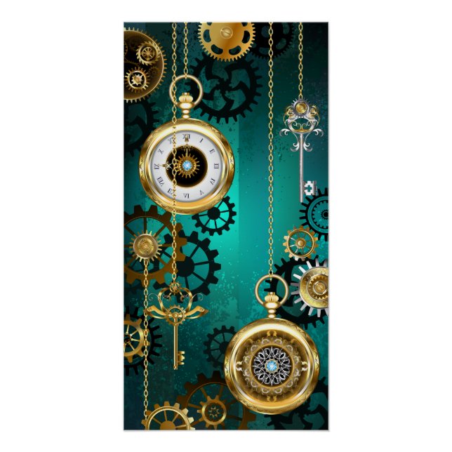 Steampunk Jewelry Watch on a Green Background Poster (Front)