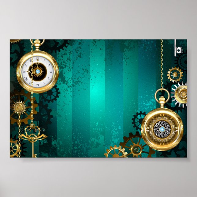 Steampunk Jewelry Watch on a Green Background Poster (Front)