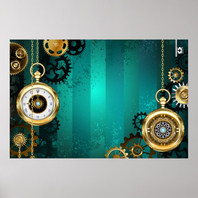 Steampunk Jewelry Watch on a Green Background Poster (Front)