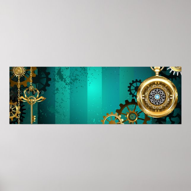 Steampunk Jewelry Watch on a Green Background Poster (Front)