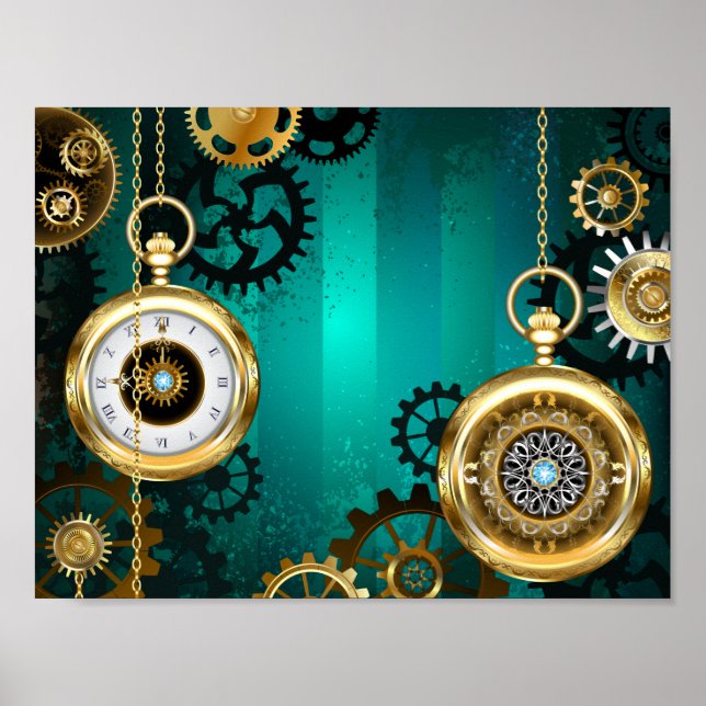 Steampunk Jewelry Watch on a Green Background Poster (Front)