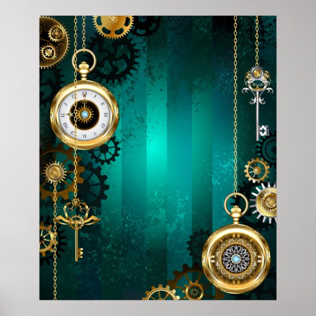 Steampunk Jewelry Watch on a Green Background Poster (Front)