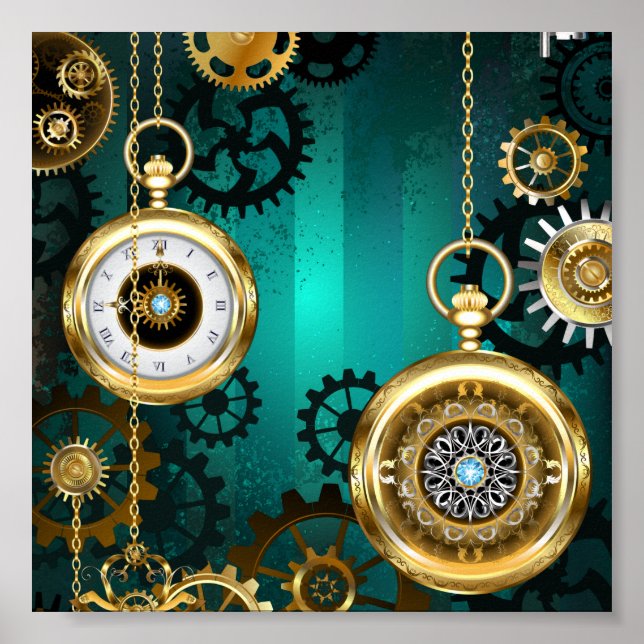 Steampunk Jewelry Watch on a Green Background Poster (Front)