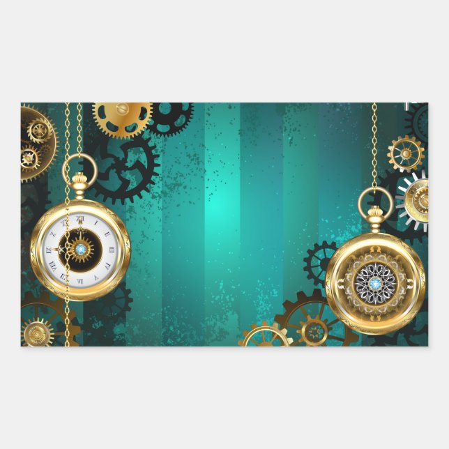 Steampunk Jewelry Watch on a Green Background Rectangular Sticker (Front)