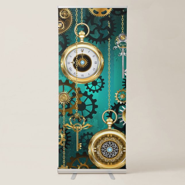 Steampunk Jewelry Watch on a Green Background Retractable Banner (Front)