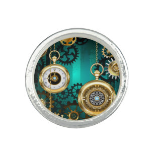 Steampunk Jewelry Watch on a Green Background Ring
