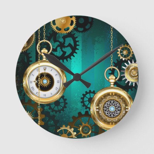 Steampunk Jewelry Watch on a Green Background Round Clock